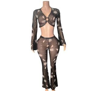 Black Sheer Celestial Print Pantsuit